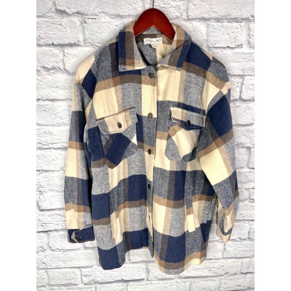 SHE + SKY Women's Brown Blue Plaid Front Button Shacket Small - Picture 1 of 5